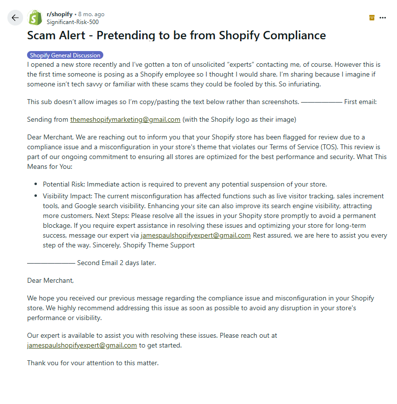 Shopify "Scam Alert - Pretending to be from Shopify Compliance" Reddit post