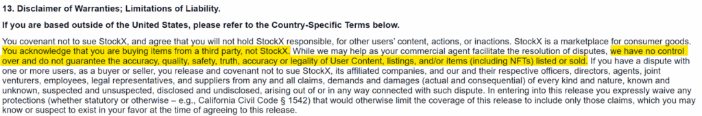 StockX "Disclaimer of Warranties; Limitations of Liability"