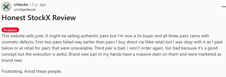 Negative Reddit post about StockX