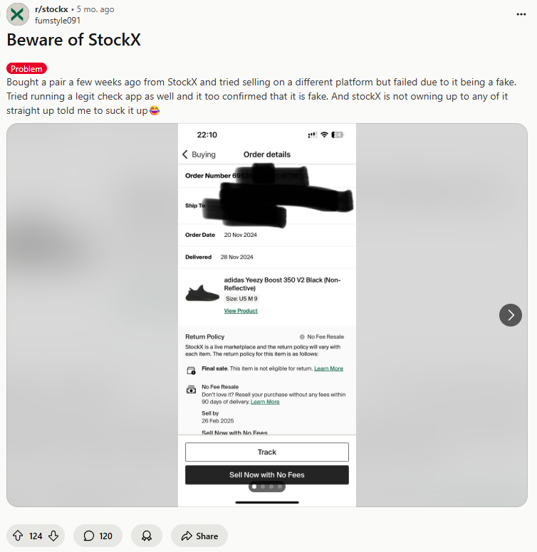 Reddit post "Beware of StockX"