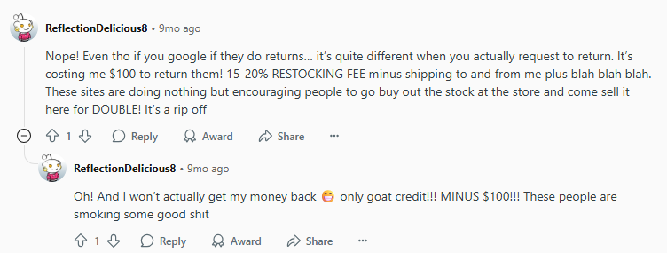 Negative Reddit post about returns 