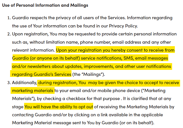 Guardio "Use of Personal Information and Mailings"