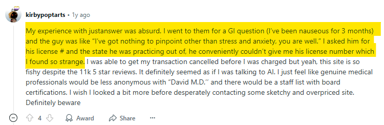 A Reddit user's (negative) experience with JustAnswer