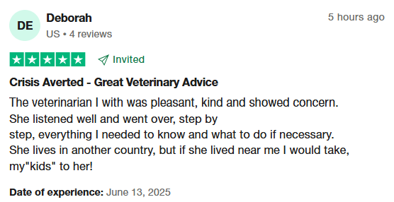 Positive review of JustAnswer ("Crisis Averted - Great Veterinary Advice")