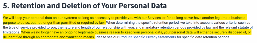 LifeLock privacy policy "Retention and Deletion of Your Personal Data"