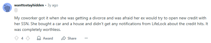 Negative Reddit post about LifeLock