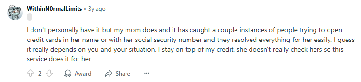 Positive Reddit post about LifeLock