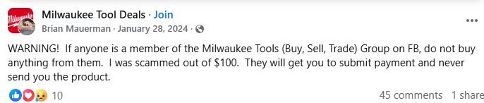 Facebook post warning about the Milwaukee Tools Facebook group scam