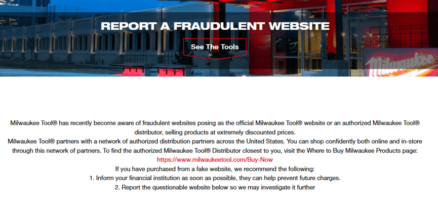 Official Milwaukee Tool page "Report a Fraudulent Website"