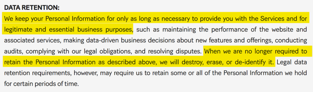 MoneyLion privacy policy 'Data Retention' section 