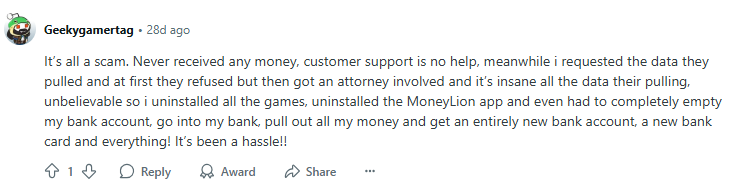 Negative Reddit post about Money Lion