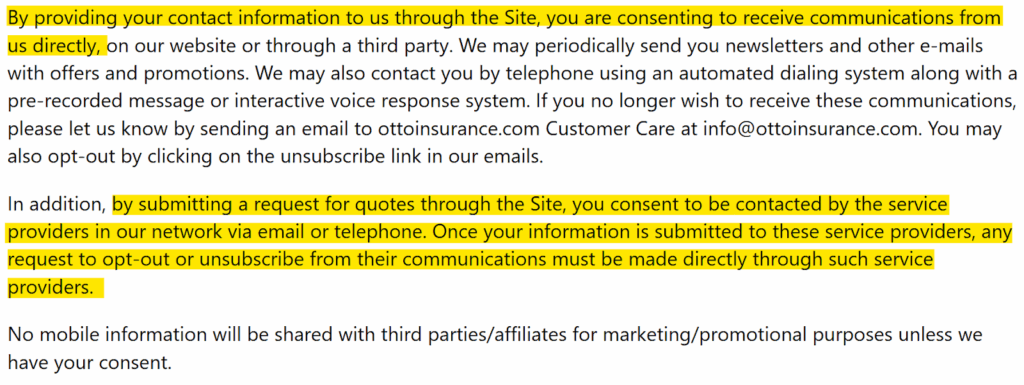 Otto Insurance information about data sharing 