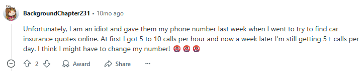 A Redditor complaining about receiving countless calls after sharing their phone number with Otto Insurance 