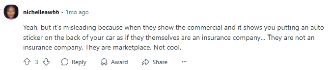 Reddit post about Otto Insurance being a marketplace, not an insurance company 