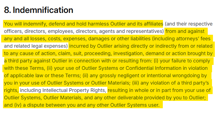 Outlier AI terms of service section 'Indemnification' 