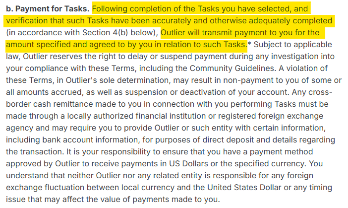 Outlier AI terms of service section 'Payment for Tasks' 