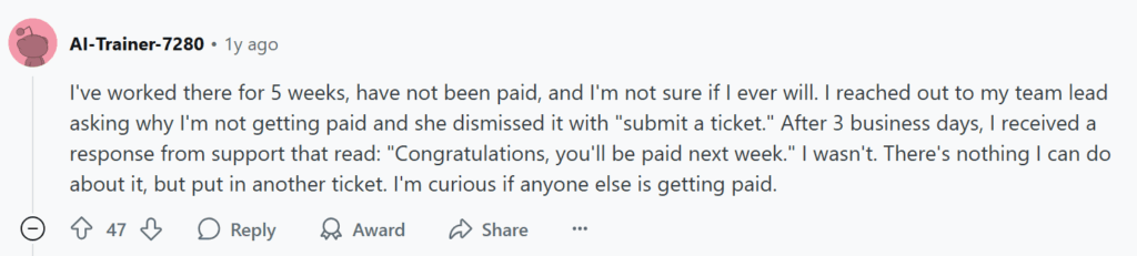 Negative Reddit post about working for Outlier AI 