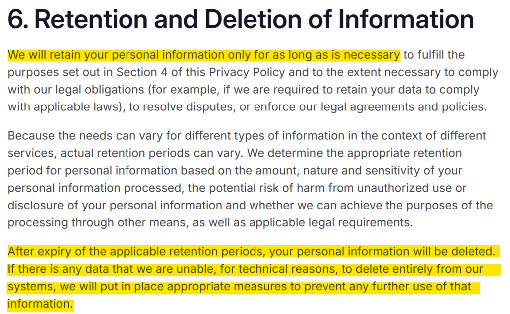 Outlier AI privacy policy section 'Retention and Deletion of Information' 