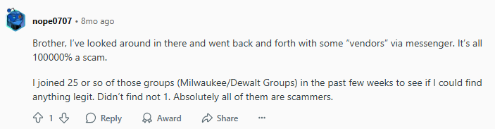 Reddit post warning about Milwaukee Tools Facebook group scams