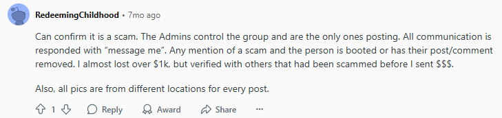 Reddit user confirming the Milwaukee Tools Facebook group is a scam