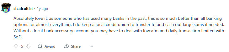 Positive Reddit post about SoFi online bank 