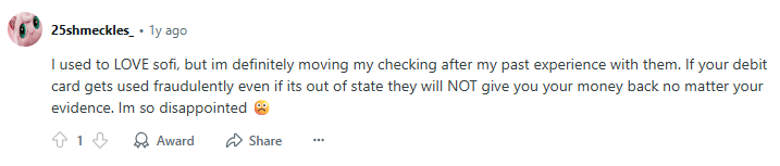 Reddit post citing mixed experience with SoFi