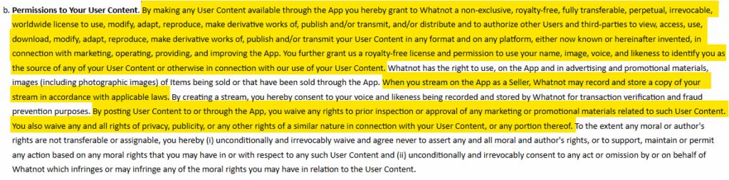 Whatnot privacy policy "Permissions to Your User Content"