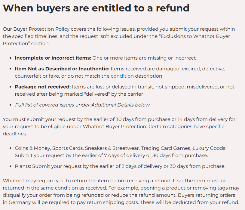 Whatnot "When buyers are entitled to a refund"