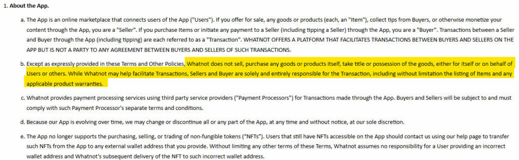 Whatnot terms of service "Whatnot does not sell, purchase any goods or products itself"