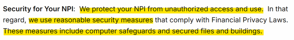 Albert privacy policy 'Security of your NPI' section 