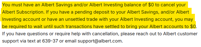 Albert terms of service section on how to cancel your Albert subscription 