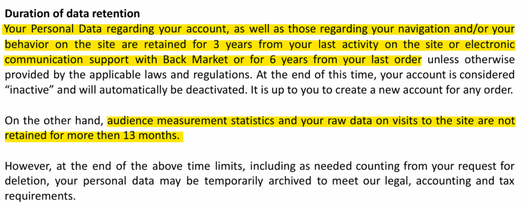 Back Market privacy policy 'Duration of data retention' section 