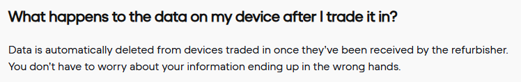 Back Market 'What happens to the data on my device after I trade it in?' question and answer 