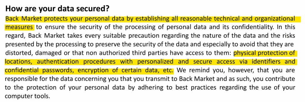 Back Market privacy policy 'How are your data secured' section 