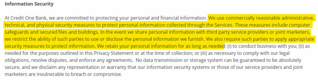 Credit One privacy policy 'Information Security' section 