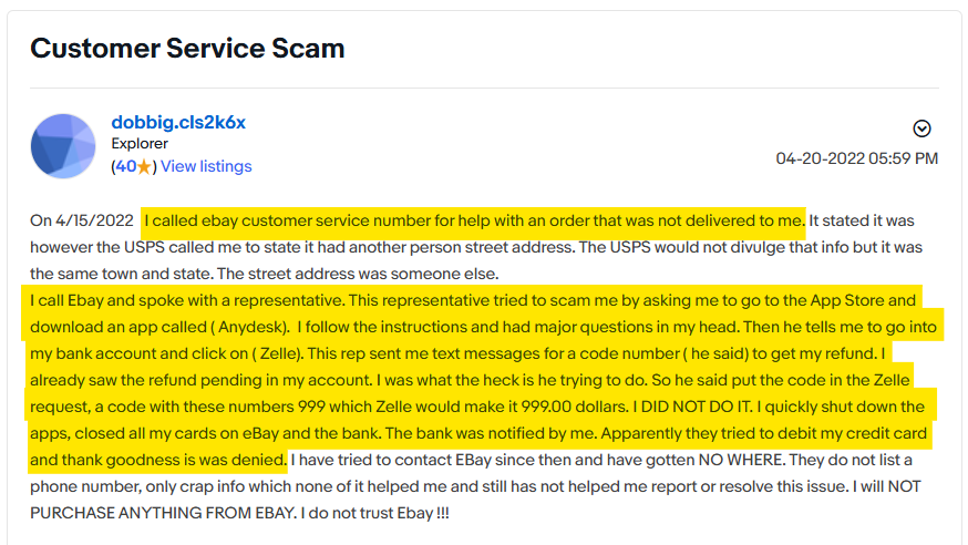 eBay customer service scam example 