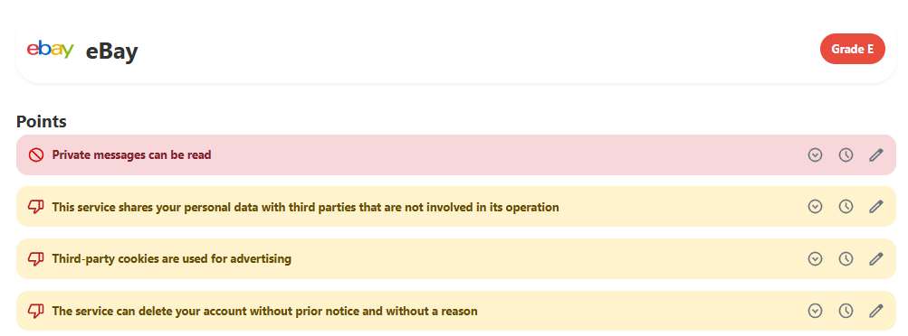 eBay privacy policy rating ("Grade E" from Terms of Service; Didn't Read) 