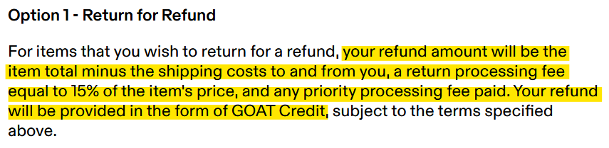 GOAT return for refund option 