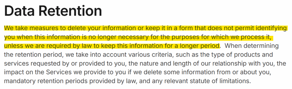 GovPlus privacy policy 'Data Retention' section 