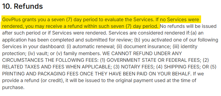 GovPlus terms of service 'Refunds' section 