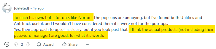 Positive Reddit post about Norton