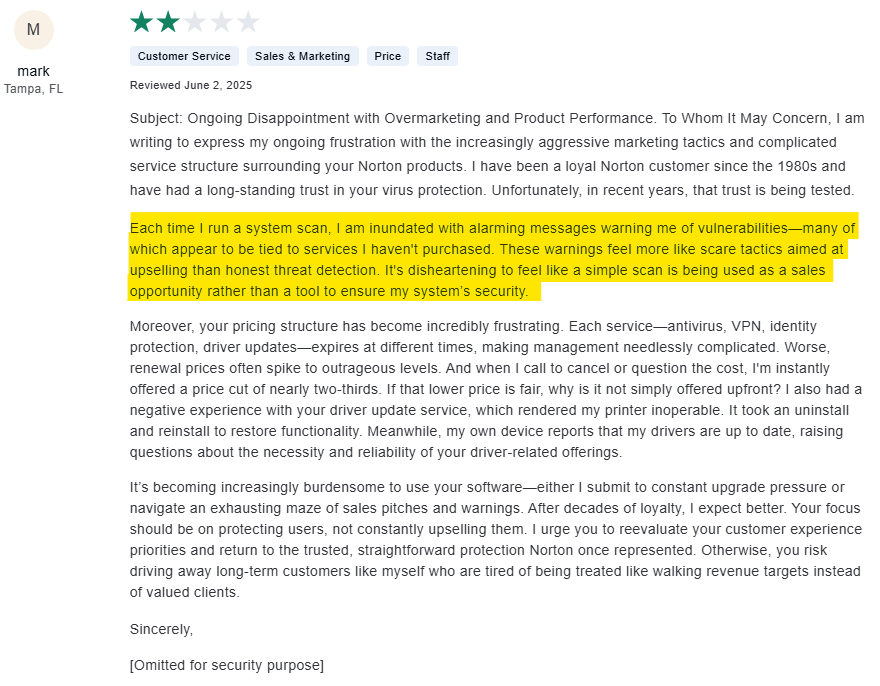 Norton two-star customer review