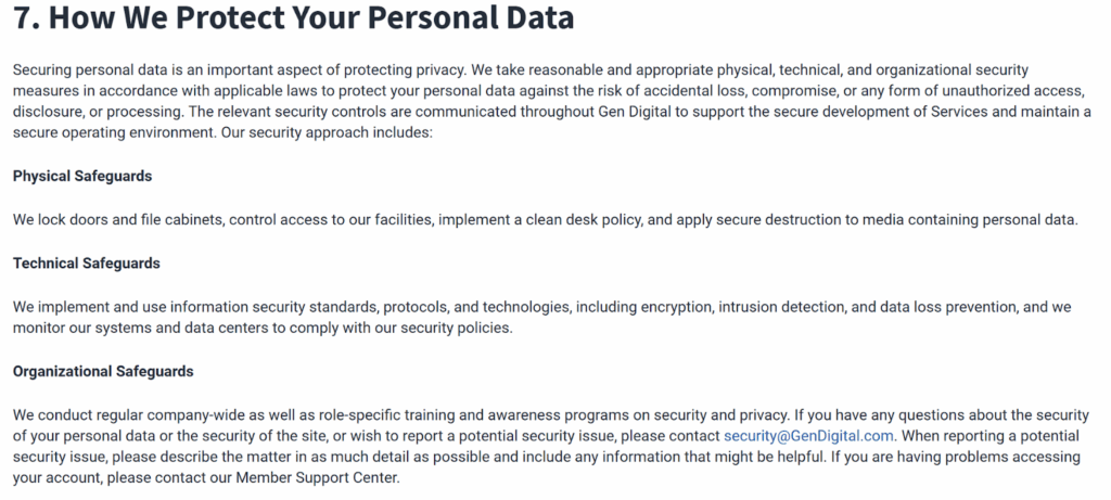 Norton privacy policy section 'How we protect your personal data'