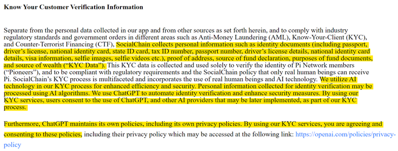 Pi Coin "Know Your Customer Verification Information"