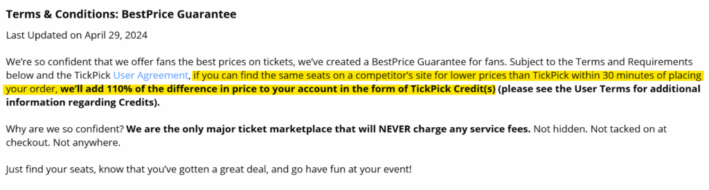 TickPick best price guarantee as per its terms and conditions