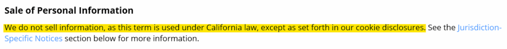 TickPick privacy policy 'Sale of Personal Information' section
