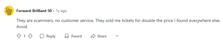 Negative Reddit post about TickPick