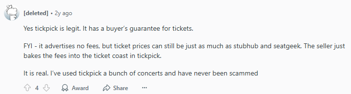 Neutral Reddit post about TickPick