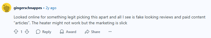 Negative Reddit post about Toasty Heater 