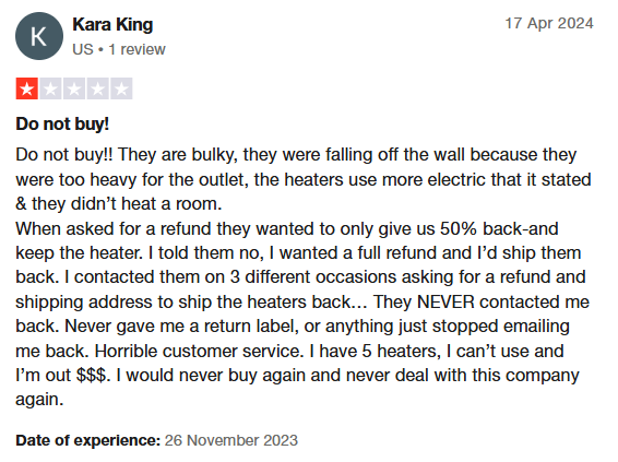 Negative Toasty Heater review - "Do not buy!"